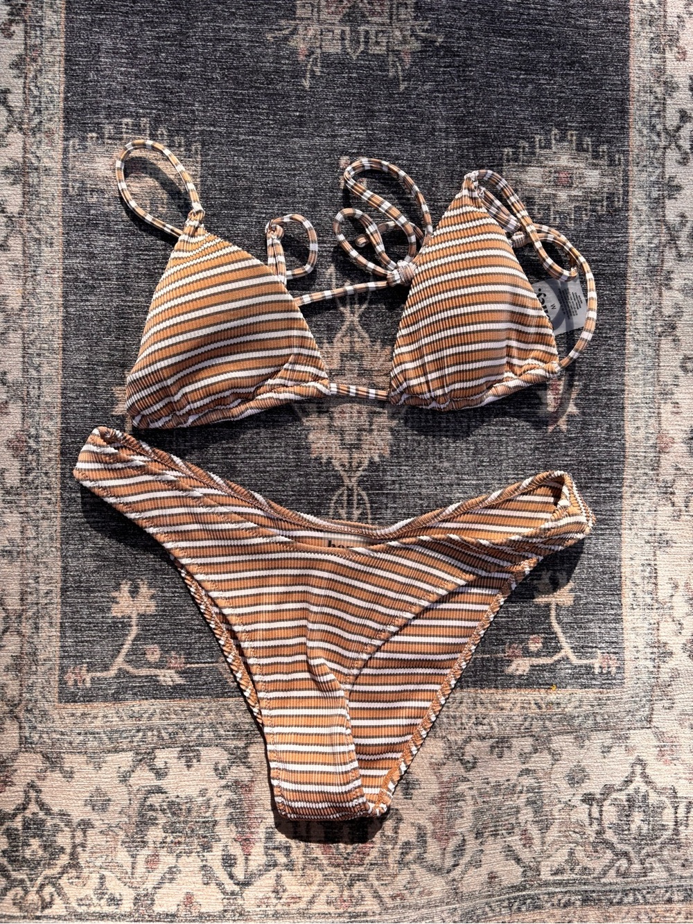 Honey Swim Ribbed Striped Triangle Bralette Bikini Set | Size M